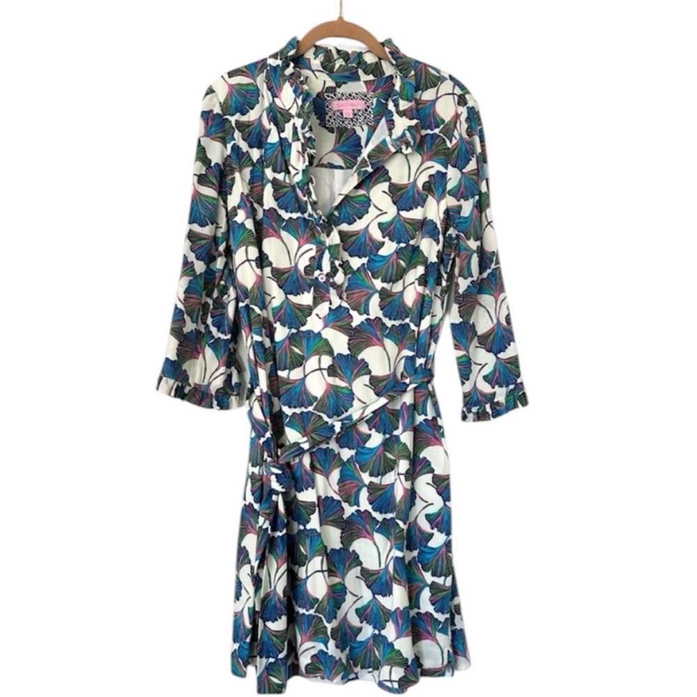 Lilly Pulitzer White Dress with Blue, Green & Purple Leaf Print - Picture 1 of 5
